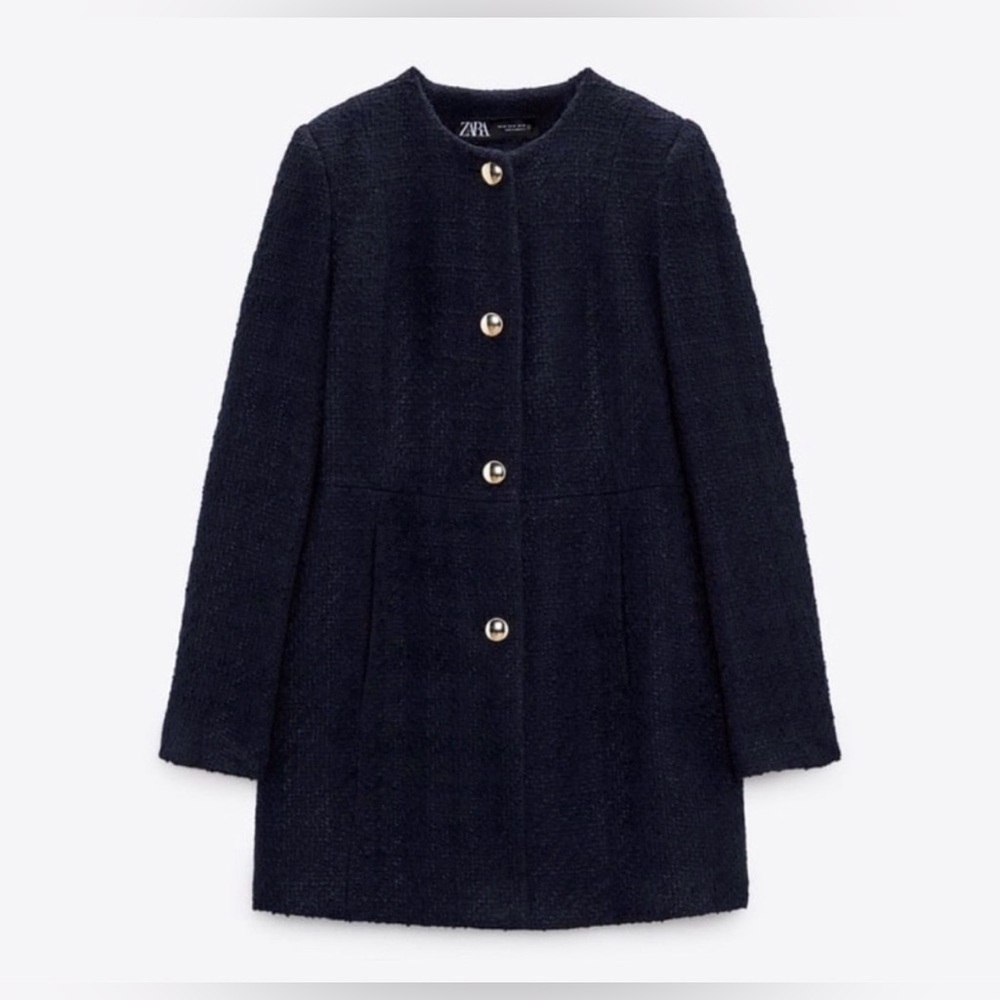 ZARA NWT LONG NAVY BLUE STRUCTURED BLAZER, Size L - Picture 2 of 14